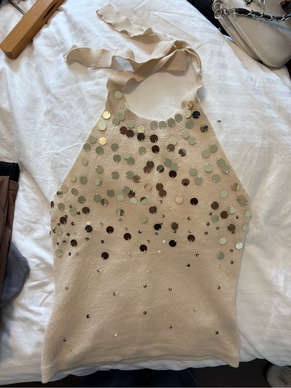 Beige Sequin Halter Knit Top - Women